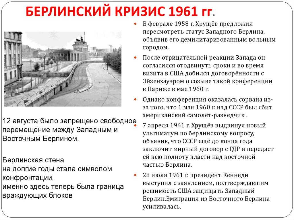 Берлинский кризис 1961 года ️ определение, причины восстания