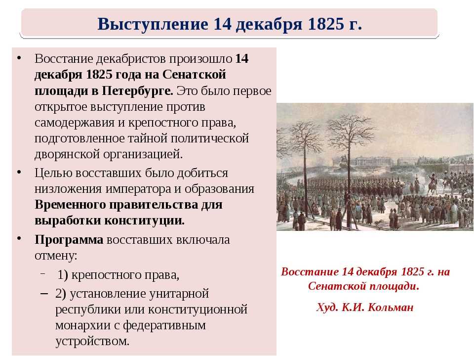 Возникновение в 1821 1822 гг дворянских тайных обществ с программами общественного переустройства Южного общества во главе с П И Пестелем разработавшим проект республиканской конституции для России и Северного общества во главе с Н М Муравьевым