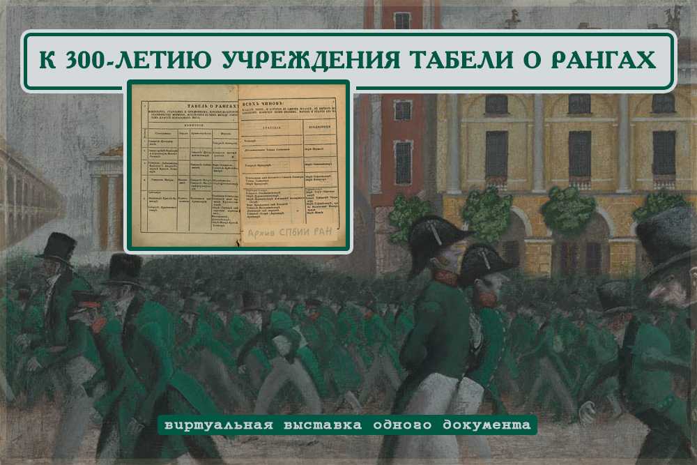 24 января 4 февраля 1722 г император Петр I утвердил Закон о порядке государственной службы в Российской империи чины по старшинству и последовательность чинопроизводства в редактировании которого он принимал личное участие Табель о рангахъ