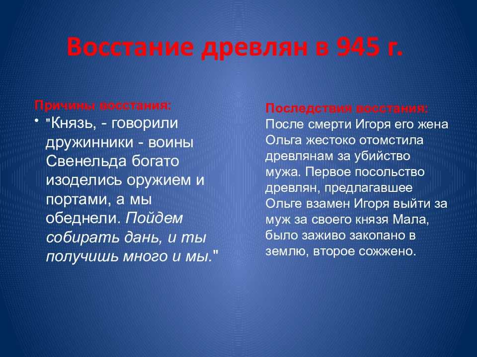 Восстание древлян в 945 году – при каком князе произошло, участники, причины и ход событий кратко