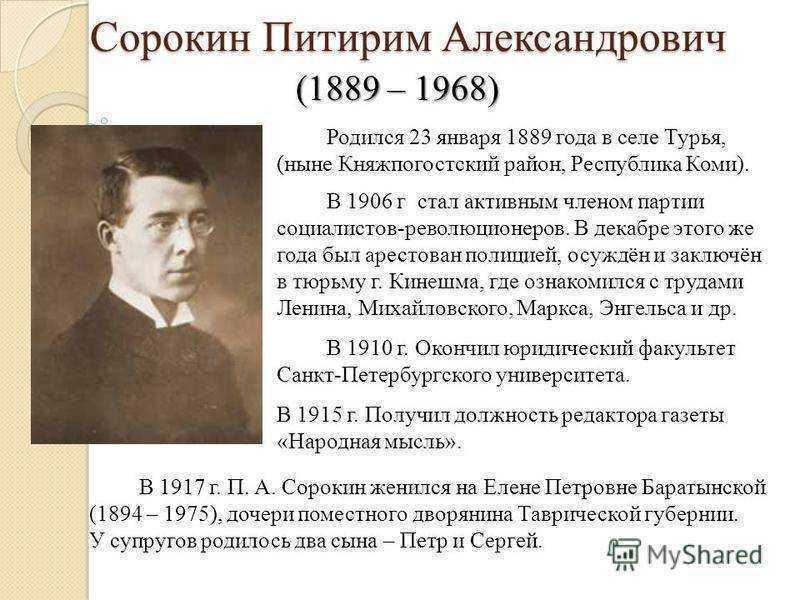 23 января ст ст 1889 года родился Питирим Александрович Сорокин великий мыслитель XX века русско американский социолог и культуролог один из основоположников теорий социальной стратификации и социальной мобильности Путь в науку