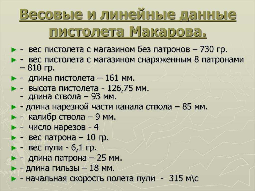 Пистолет макарова - шпаргалка по тактико-техническим характеристикам